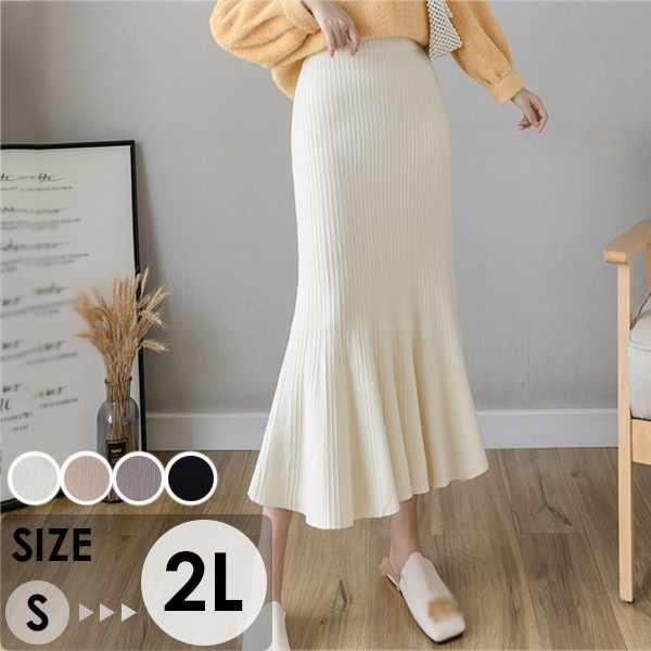 ニットスカート タイトスカート ボトムス ミディアム スカート ミモレ丈 秋冬 リブニット リブスカート ウエストゴム ウェストゴム シンプル オフィス カジュアル 無地 フェミニン マーメイドライン