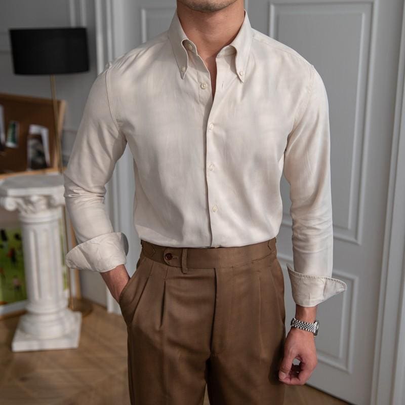 シャツ メンズ カジュアル レトロ ビジネス ブルジョワジー 春秋 長袖 トップス ポインテッドカラー ブラウン ホワイト ブルー