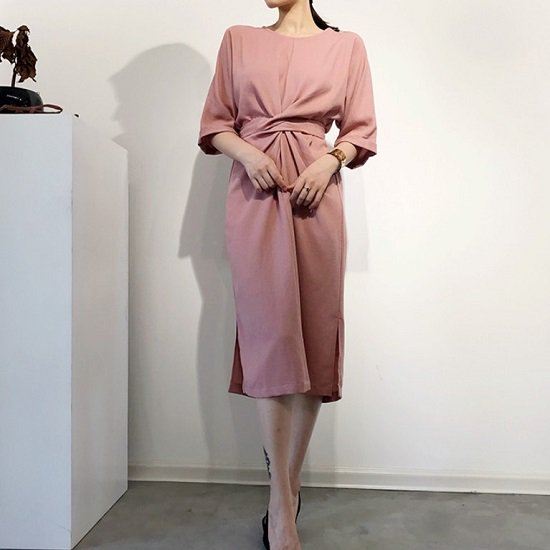 【取寄：納期2週間】ワンピース 膝丈 ハイウエスト エレガント ワンピース レディース ウエストリボン ウエストギャザー ワンピース レディース ミモレ丈 七分袖 おしゃれ かわいい ワンピース