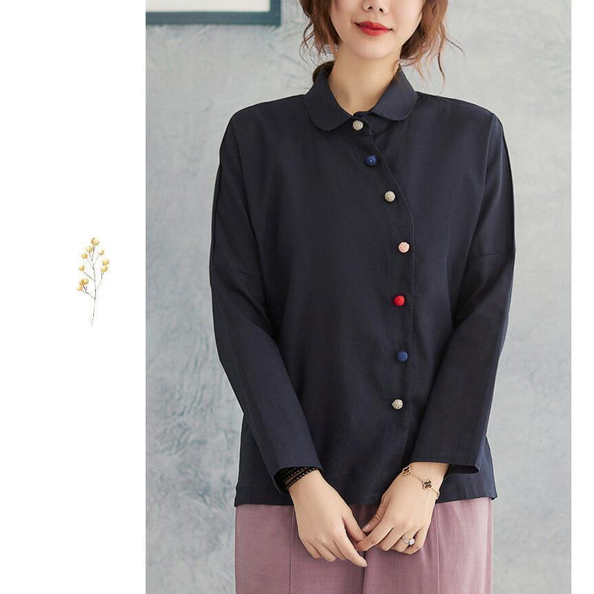 夏新作シャツ レディース トップス 春 秋 長袖 ブラウス 綿混 コットン 無地 立ち襟 斜めボタン 大きいサイズ シャツ おしゃれ カジュアル リ