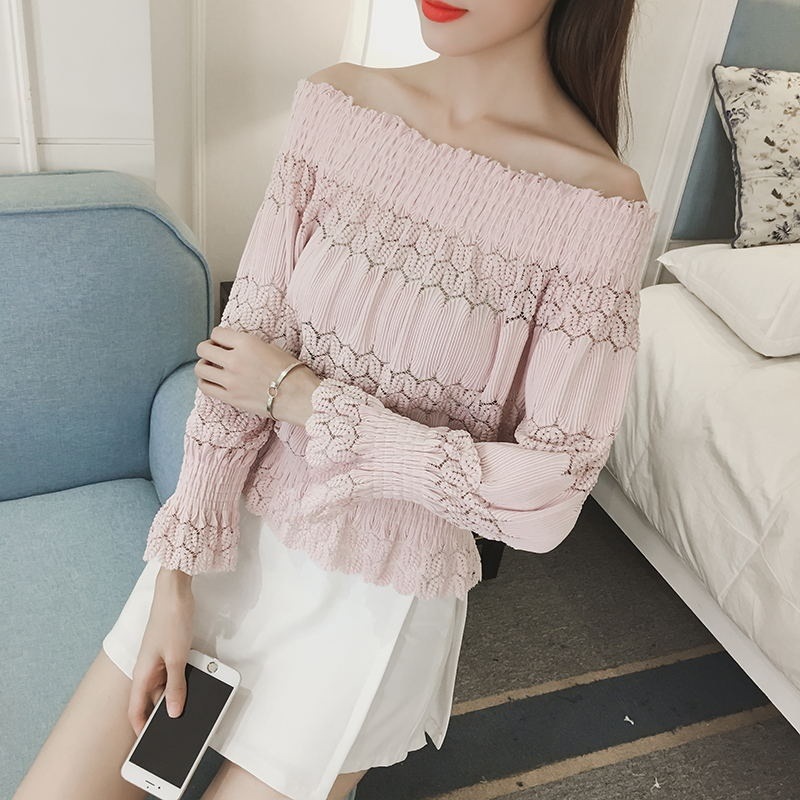 2438.カジュアルなオフショルダー長袖ブラウス（ピンク）2019 春夏 無地 おしゃれ お出かけ 普段使い 通勤通学 100,000円