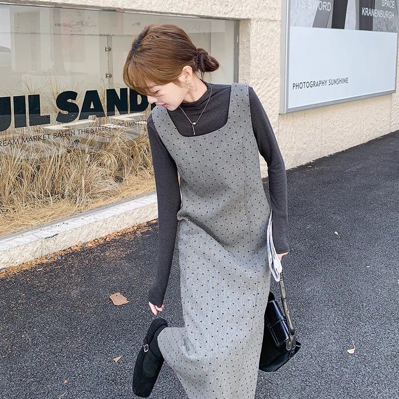 秋冬用の新しいドット柄の韓国風ウールロングベストドレスグレーバック