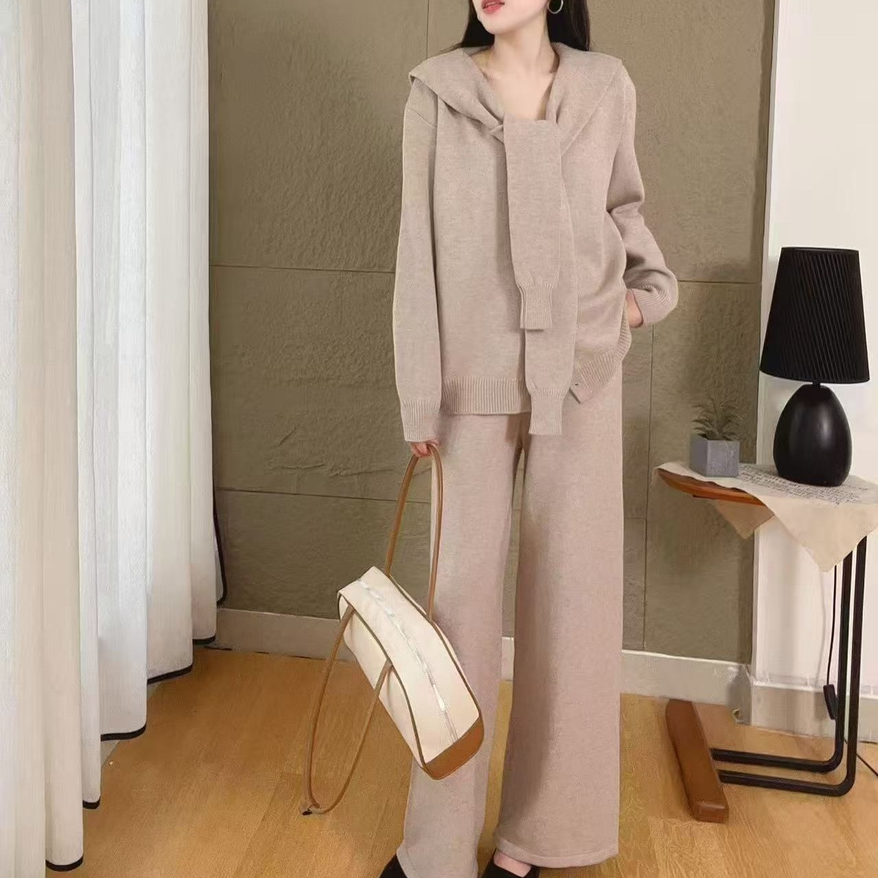 韓系純色長袖プルオーバーニットストールワイドパンツ秋冬3点セットセットアップ