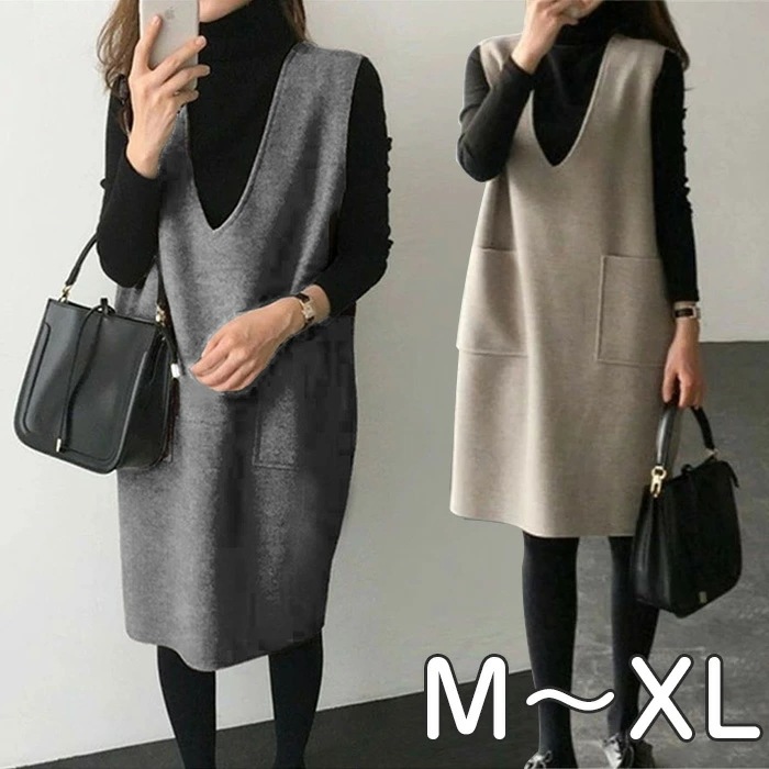 ジャンパースカート 大人 秋冬 ワンピース 秋冬 きれいめ オフィス ラシャ ジャンパー レディース 冬 ジャンパースカート vネック 黒 ジャンパースカート ロング ノースリーブ シンプル ベストチュニック