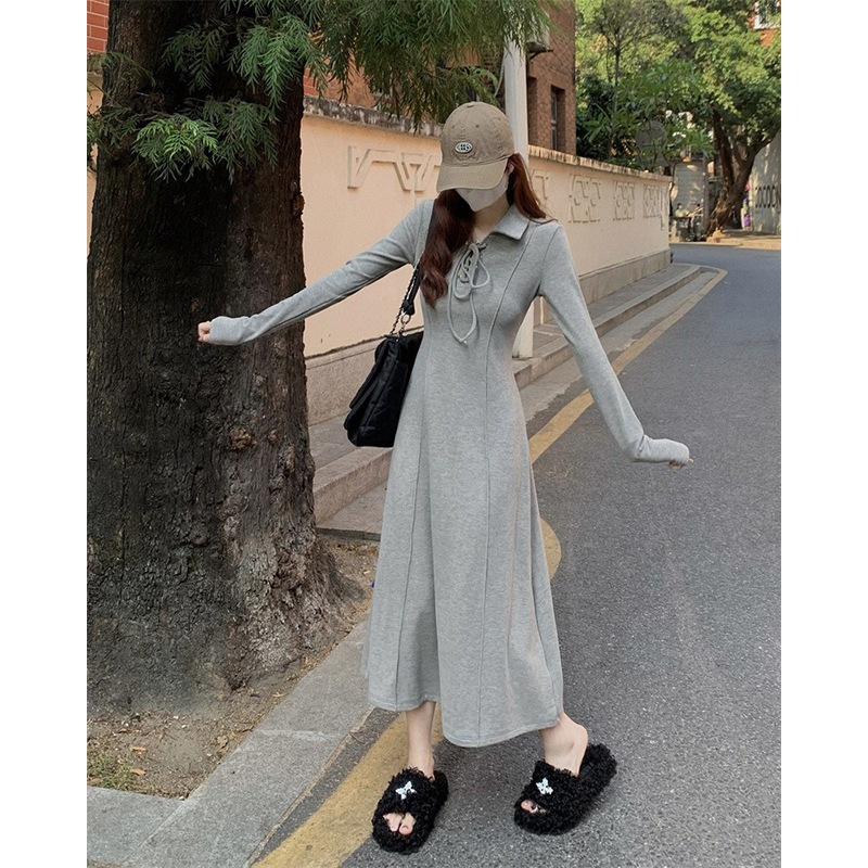 グレーニットワンピースレディース2025秋新作韓国風ウエスト痩身長袖インナースカート