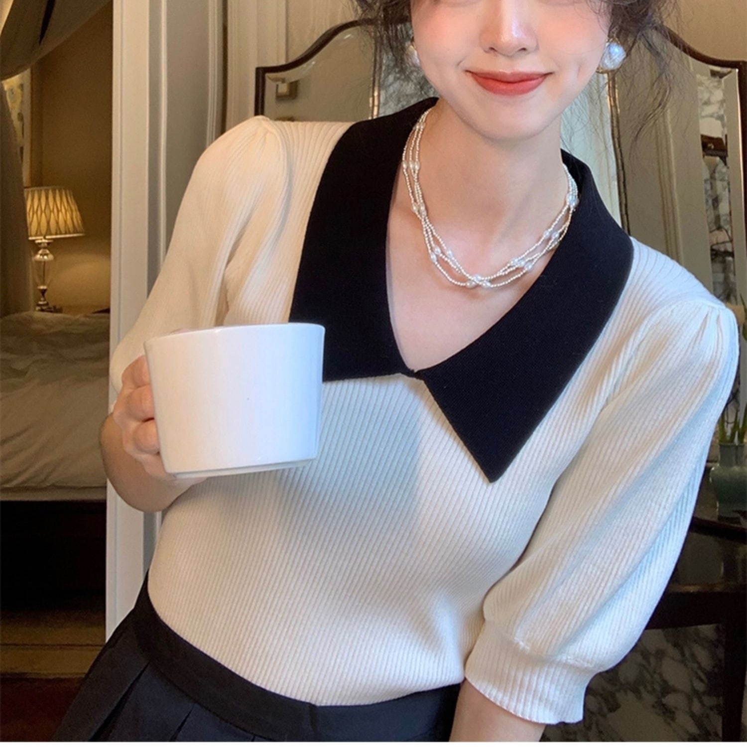 トップス レディース ニット プルオーバー S M L XL 韓国 半袖 襟付き 袖あり ス 5分袖 半袖 Vネック バイカラー ゆったり かわいい 大人可愛い きれいめ カジュアル おしゃれ お洒落