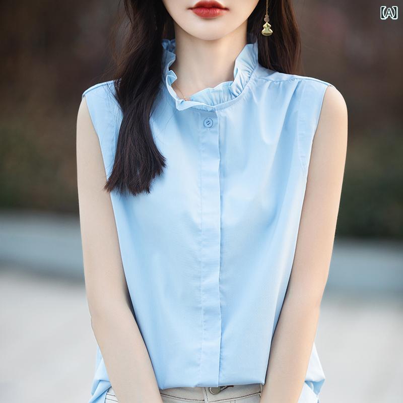 レディース トップス シンプル おしゃれ ノースリーブフリル 春夏 薄手 涼しい 涼しい ハーフ ハイネック コットン ファッション Tシャツ