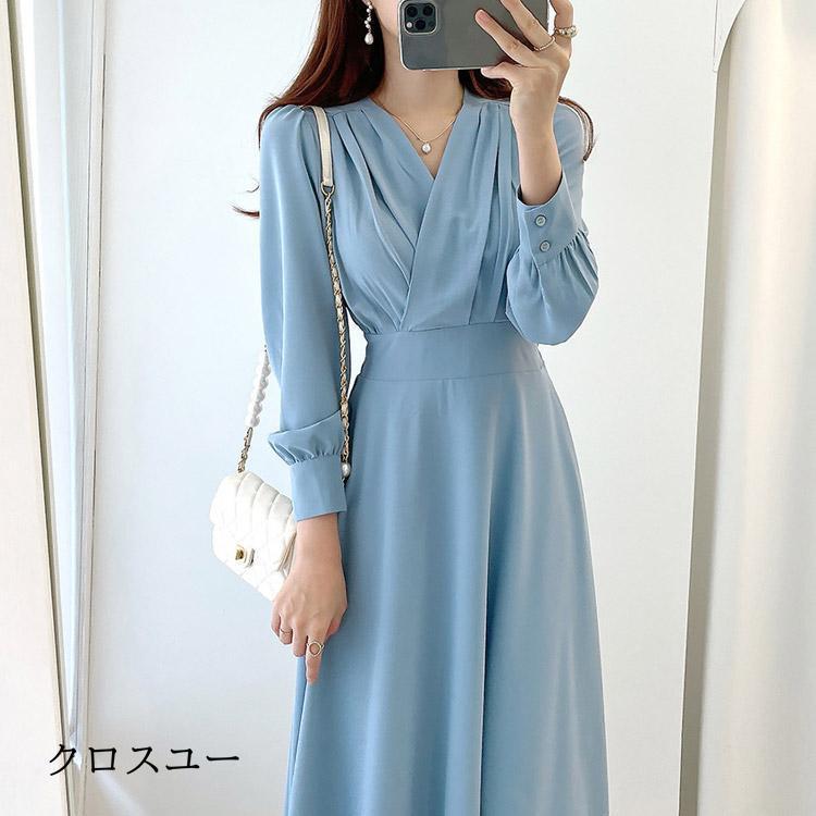 ロングワンピース シャツワンピース Vネック フォーマル マキシ丈 ロングワ丈 卒業式 長袖 春 きれいめ レディース 着せ 大人女性 無地 シンプ