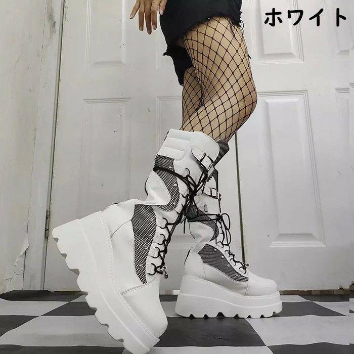 厚底 ブーツ レディース バックルストラップ 欧米風 パンク ロリータ風 かわいい 大きいサイズ お嬢様 日常 美脚 ホワイト ブラック