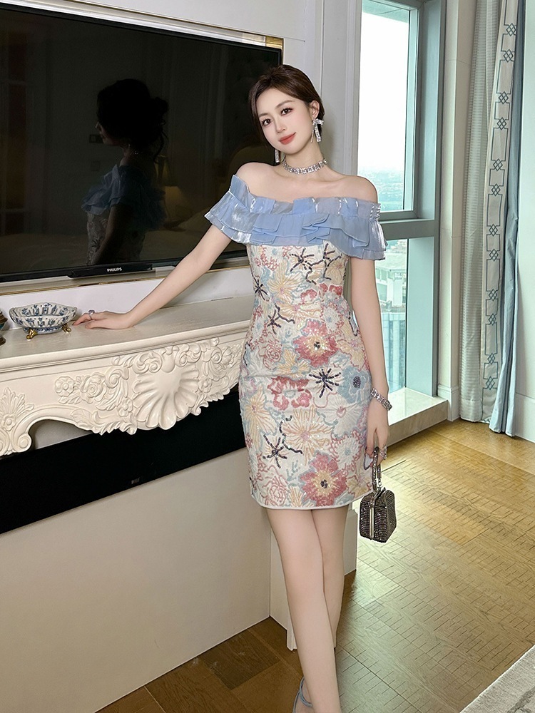 【JY.上品】 2025夏新品 オフショルダー ベアワンピ 花柄 ショート ドレス パーティー キャバ 着痩せ 大人 同窓会 披露宴 卒業式 結婚式 演奏会 ウェディング 二次会 メガ割