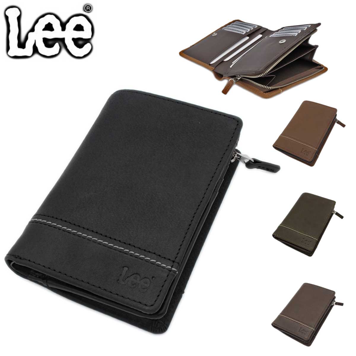 財布 メンズ レディース 本革 サイフ 二つ折り ブランド サイフ 牛革 Lee #520527 レザー ステッチ ウォレット Ｌ字ファスナー 大型小銭入れ ギフト