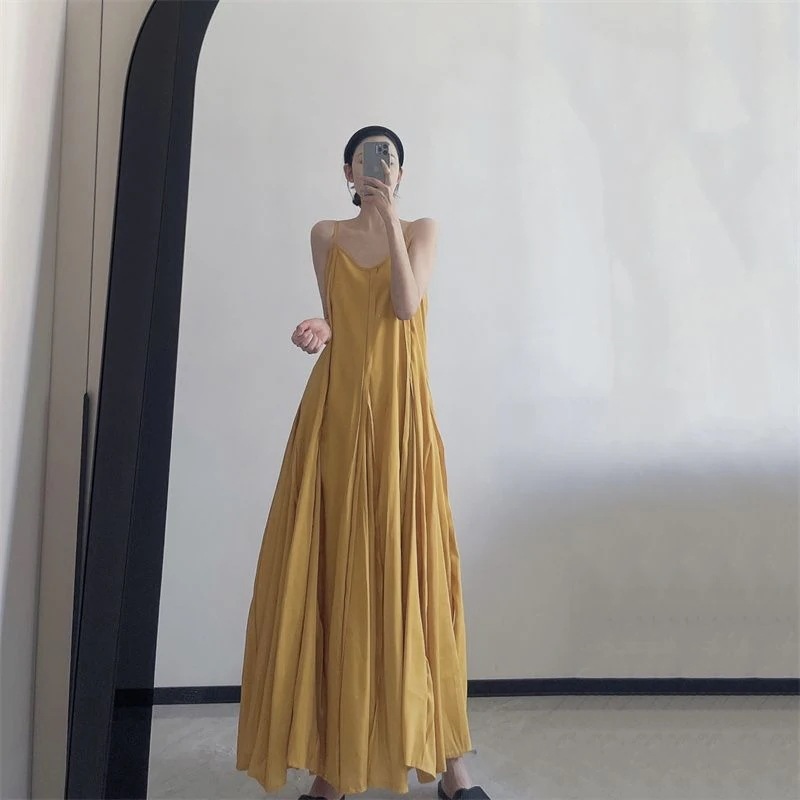 ミニマム手作り超ロングくるぶし丈特大振り子キャミソール生成りスプライシング力仕事ワンピースロングスカート