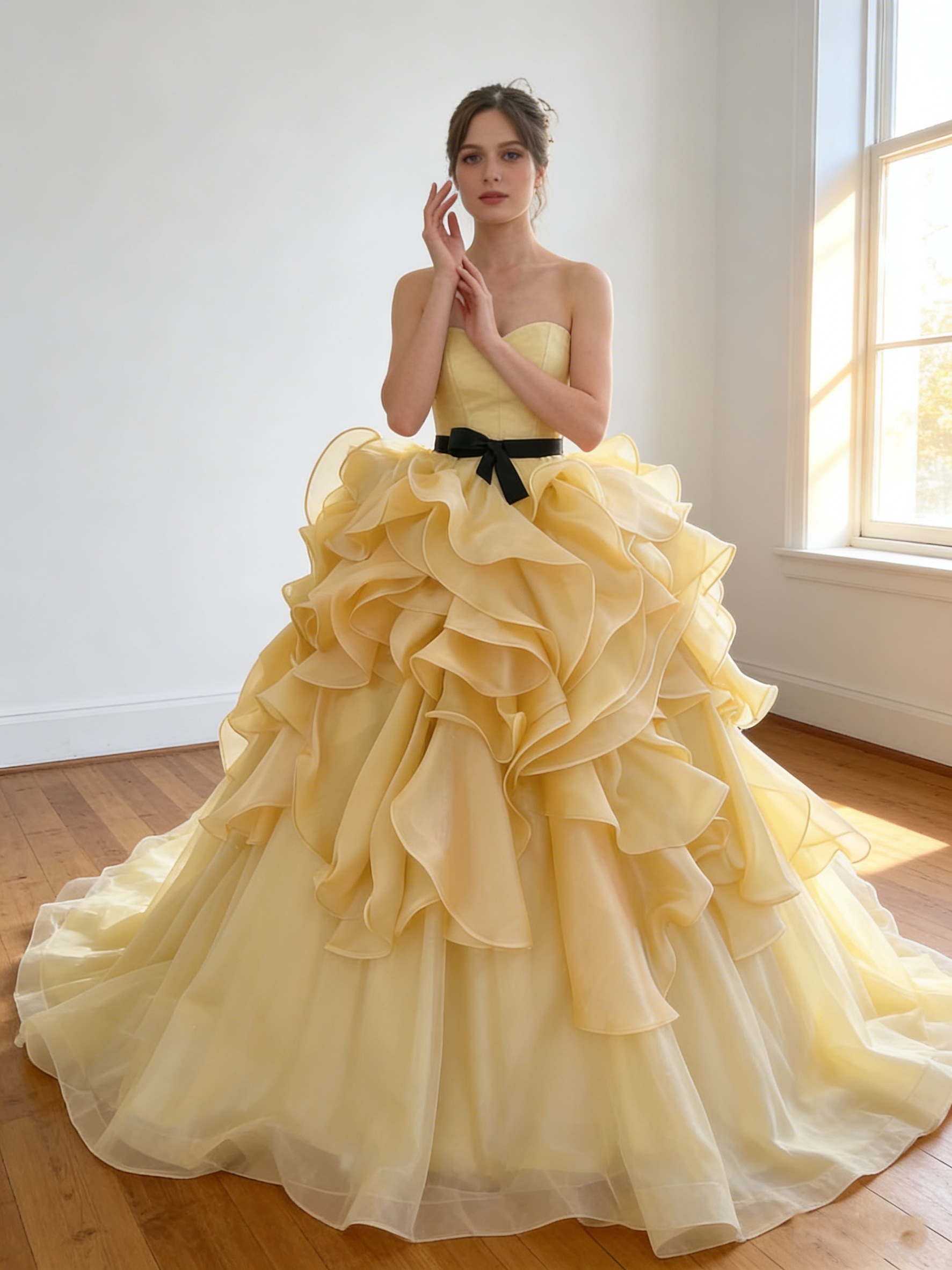 カラードレス パステルイエロー アシンメトリードレス サッシュベルト ビスチェドレス 色直し 華やかなトレーン 結婚式