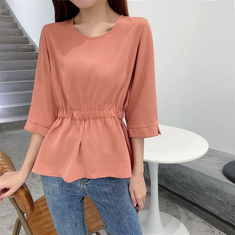 トップス カットソー 袖あり 7分袖 七分袖 クルーネック ペプラム ウエストマーク きれいめ