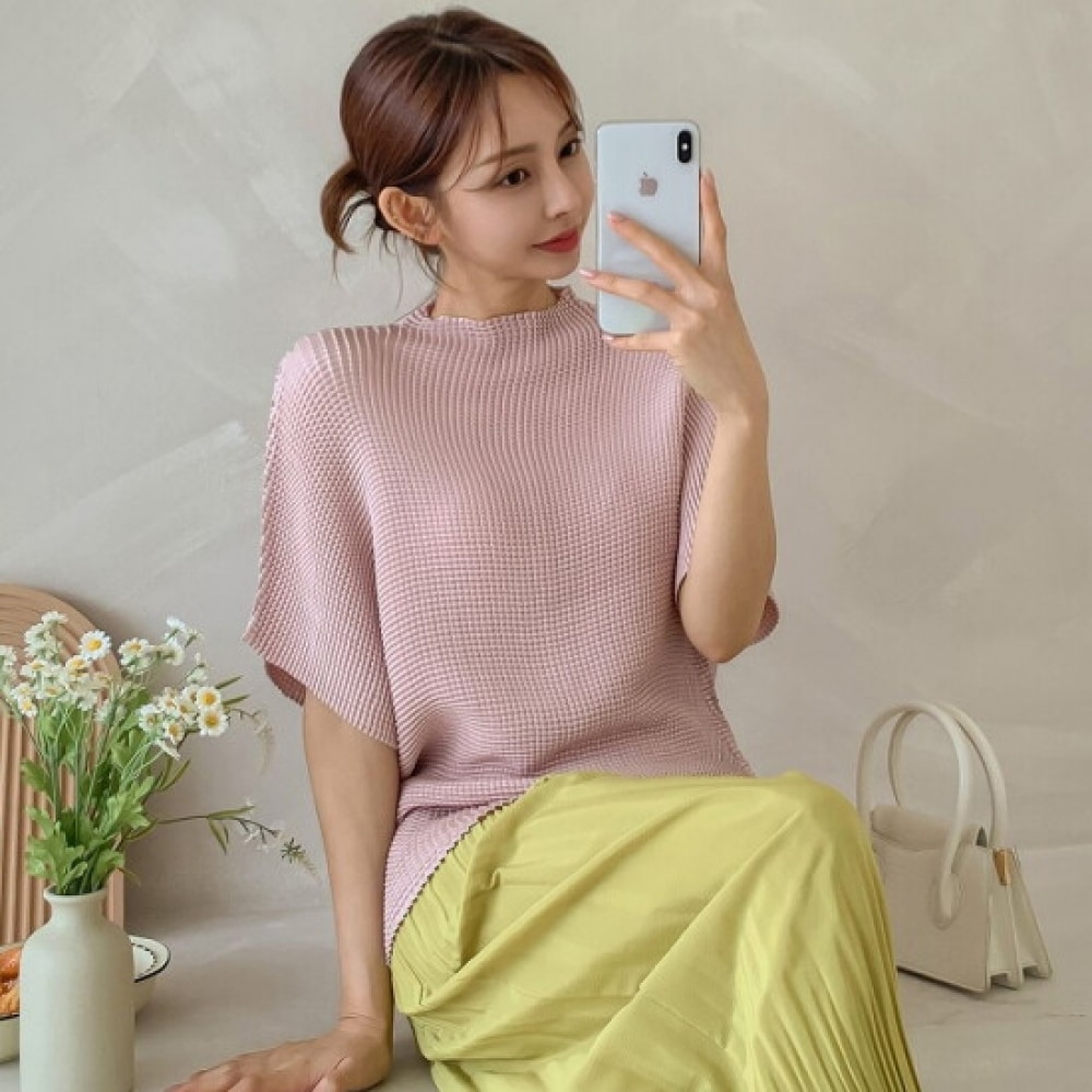 ショップアン プリーツ フルネック ビッグサイズ ゆったりフィット 半袖Tシャツ ベージュ BLE-WSH-3592