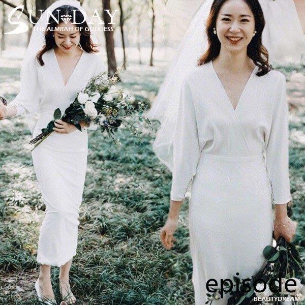 ウェディングドレス白 パーティードレス 簡約 結婚式 ウエディングドレスマキシ丈 セクシーV襟 二次会 エレガント お呼ばれ 挙式hs5412