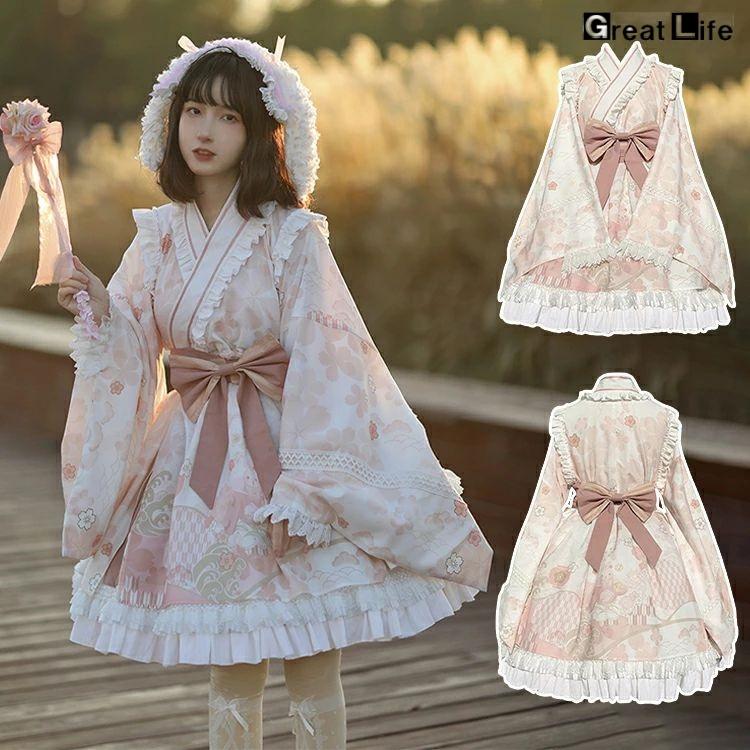 浴衣 可愛い 女の子 和ロリータ ワンピース 可愛い 和 メイド服 ゆかた 浴衣ドレス 春 桜 お花見 レディース かわいい ピンク 和装 リボン Lolita ロリィタ