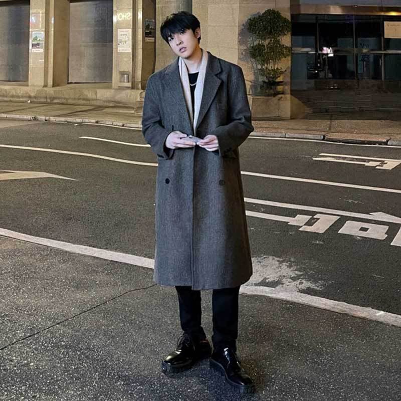 メンズ中丈黒ウールコート秋冬厚手ゆったり膝丈スーツとロングウインドブレーカー韓国風ウールコート 4,712円