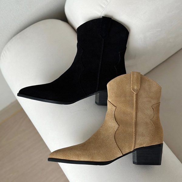 ショートブーツ ウエスタンブーツ 天然牛革 ポインテッドトゥ レディース ミドルヒール 黒 茶 ブラック ブラウン 歩きやすい カジュアル 靴 婦人靴 韓国