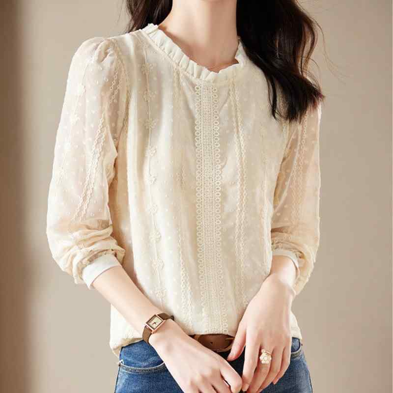 ブラウス レディース 秋 長袖 トップス 透け感 おしゃれ フェミニン 大人っぽい フリル ラウンドネック 日常使い カジュアル