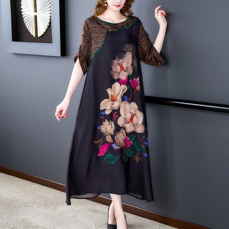 上品 丸襟 夏 ワンピース ブラック レディース ベーシック ロング丈 休日 エレガント 七分袖 シンプル 花柄 スカート きれいめ ミモレ丈 おしゃれ ロングワンピース ゆったり マキシ丈 魅力的