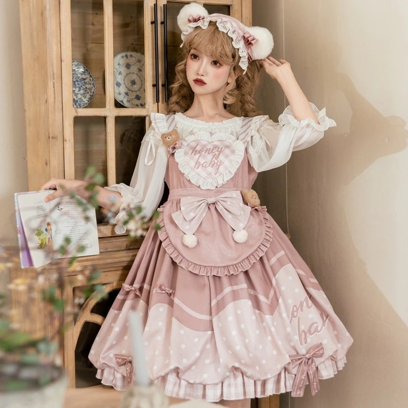 ロリータプリンセスドレス 水玉模様 + つぼみ柄 可愛い スカート付き