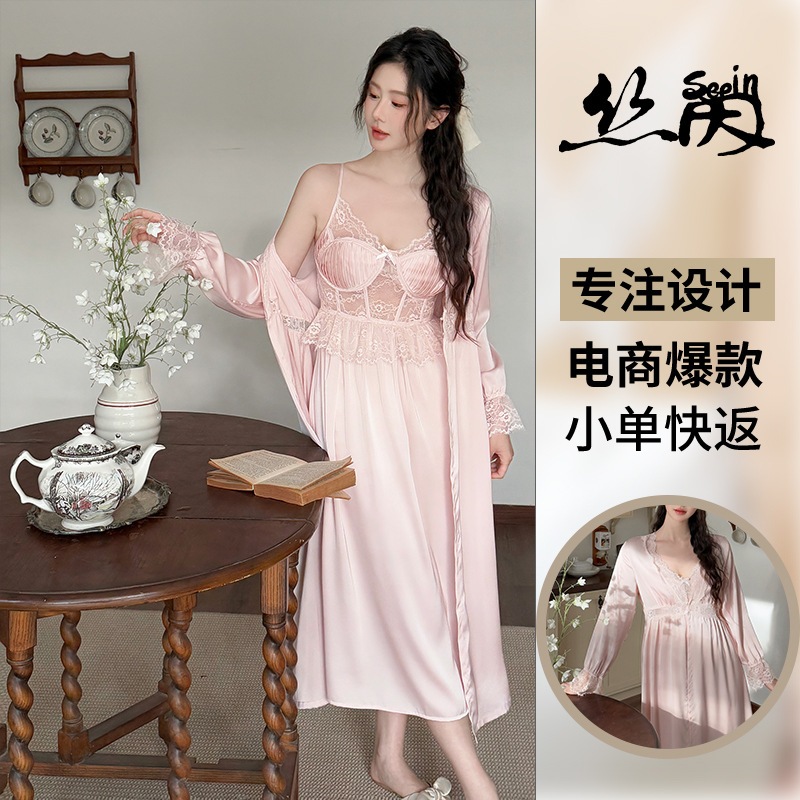 2025年新作パジャマ フレンチピュアデザイアスタイル アイスシルクパジャマ 女性用 セクシー レースベルト 胸パッド サスペンダースカート ナイトガウン モーニング 5,083円