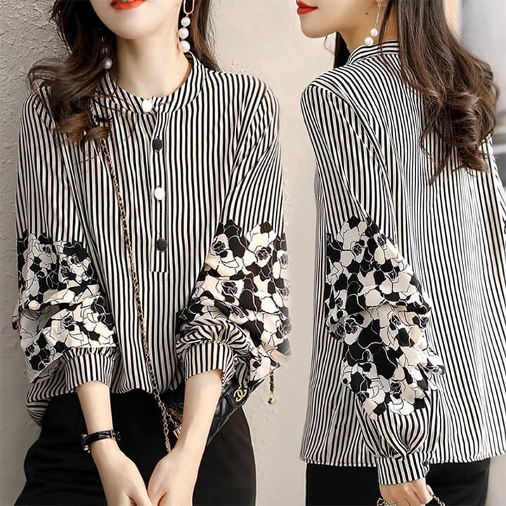 2A41 ストライプ花柄ブラウス レディース 上品 トップス シャツベーシックオフィス 春 フォーマルトップス
