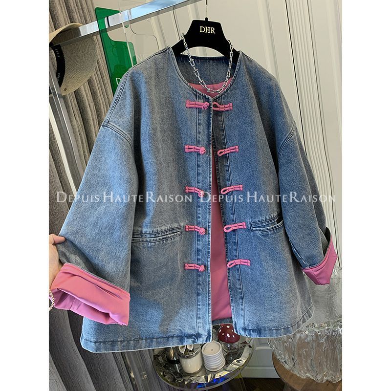 アウターウェア高級感のあるインパクトカラーの新中国式バックル付きデニムジャケットトップス女性のゆったりとしただるさが新しい