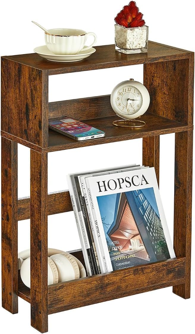 スリムなベッドサイドテーブル 幅40×奥行18×高さ58cm 収納棚付き 木目調ブラウン