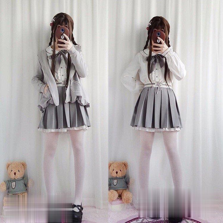 即納ありワンピース レディースロリータ服 シャツ＋スカート　２点セット　 レディース ワンピース白 スカート ジャケット 長袖 学生服 女子 セットアップ