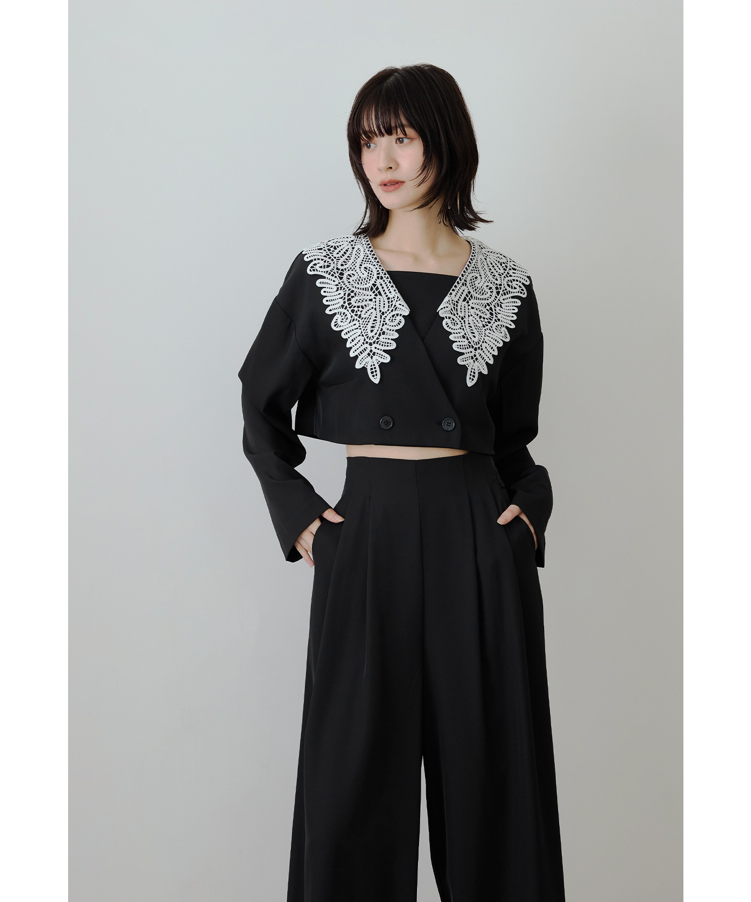 ビッグカラーセットアップ 結婚式 パンツドレス セットアップ 2点セット レース 襟 ジャケット ブラウス ワイドパンツ セパレート 長袖 お呼ばれ パーティー 二次会 披露宴 謝恩会 成人式