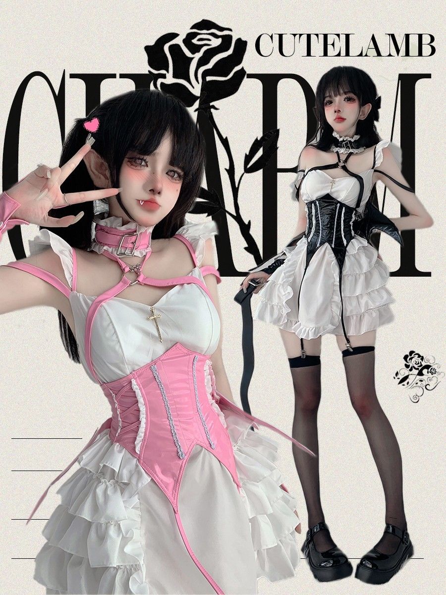 メイド服 コススーツ 小悪魔 ハロウィン レザージャケット ウエストケーキドレス 重工業 天使 ロリータシャツ