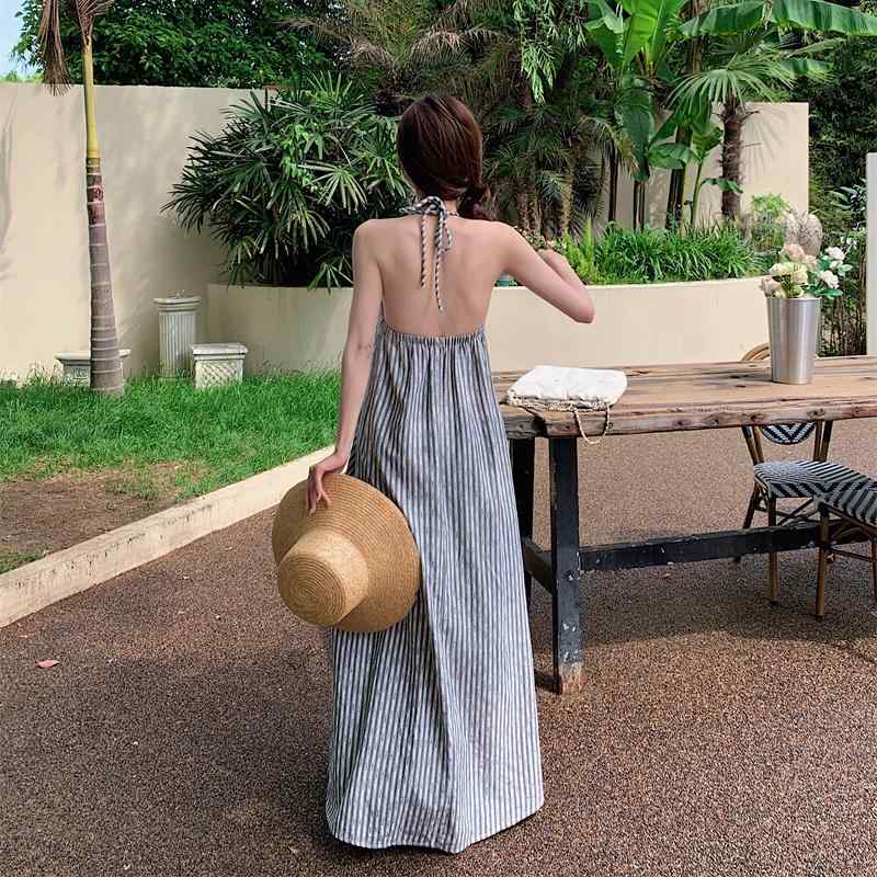 ワンピース レディース フレンチ ホルター ドレス スーパー フェアリー コットン リネン スリム ストライプの ロング スカート