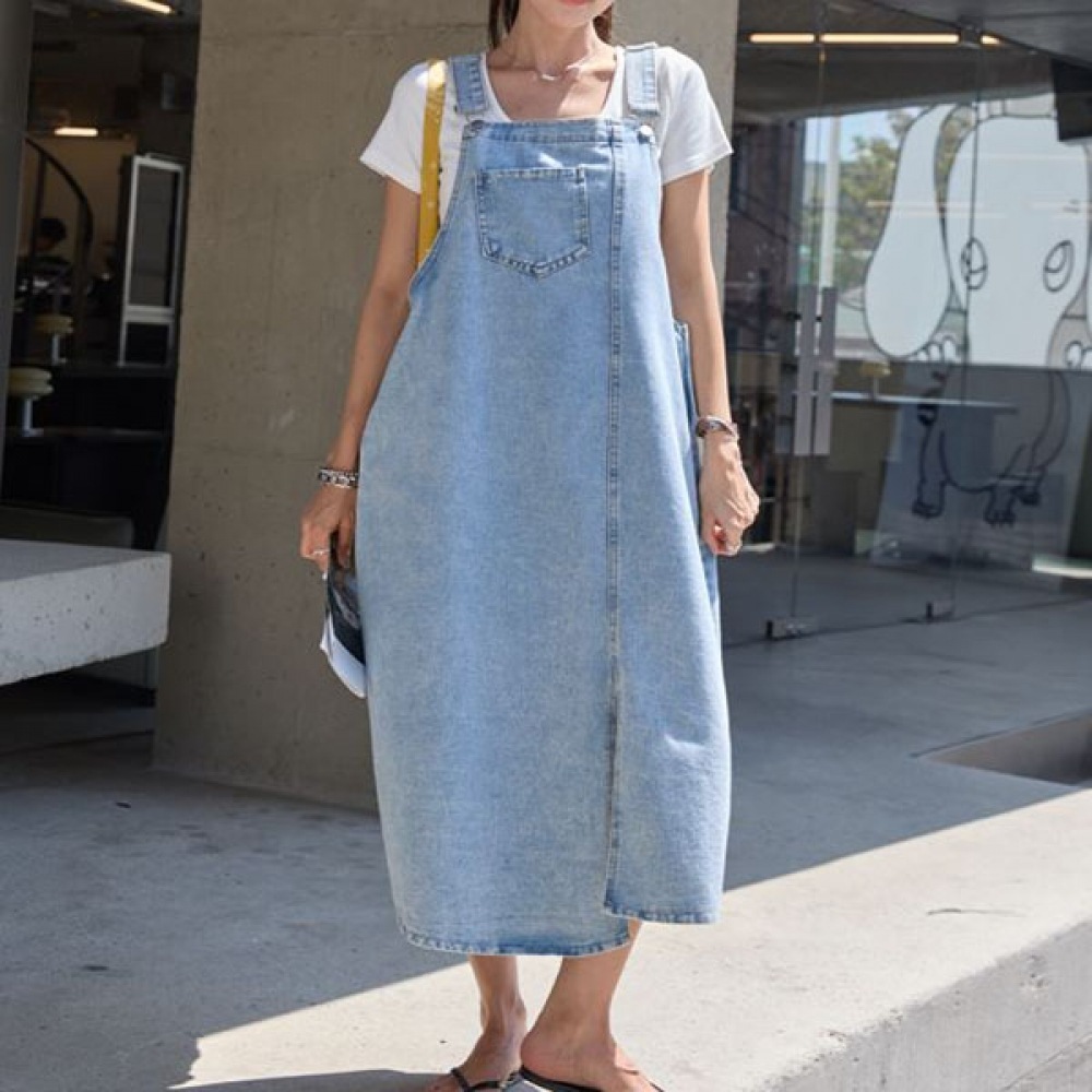 [NAK21] アンフットフロントスリットロングデニムサスペンダーワンピースNK51-OI-1