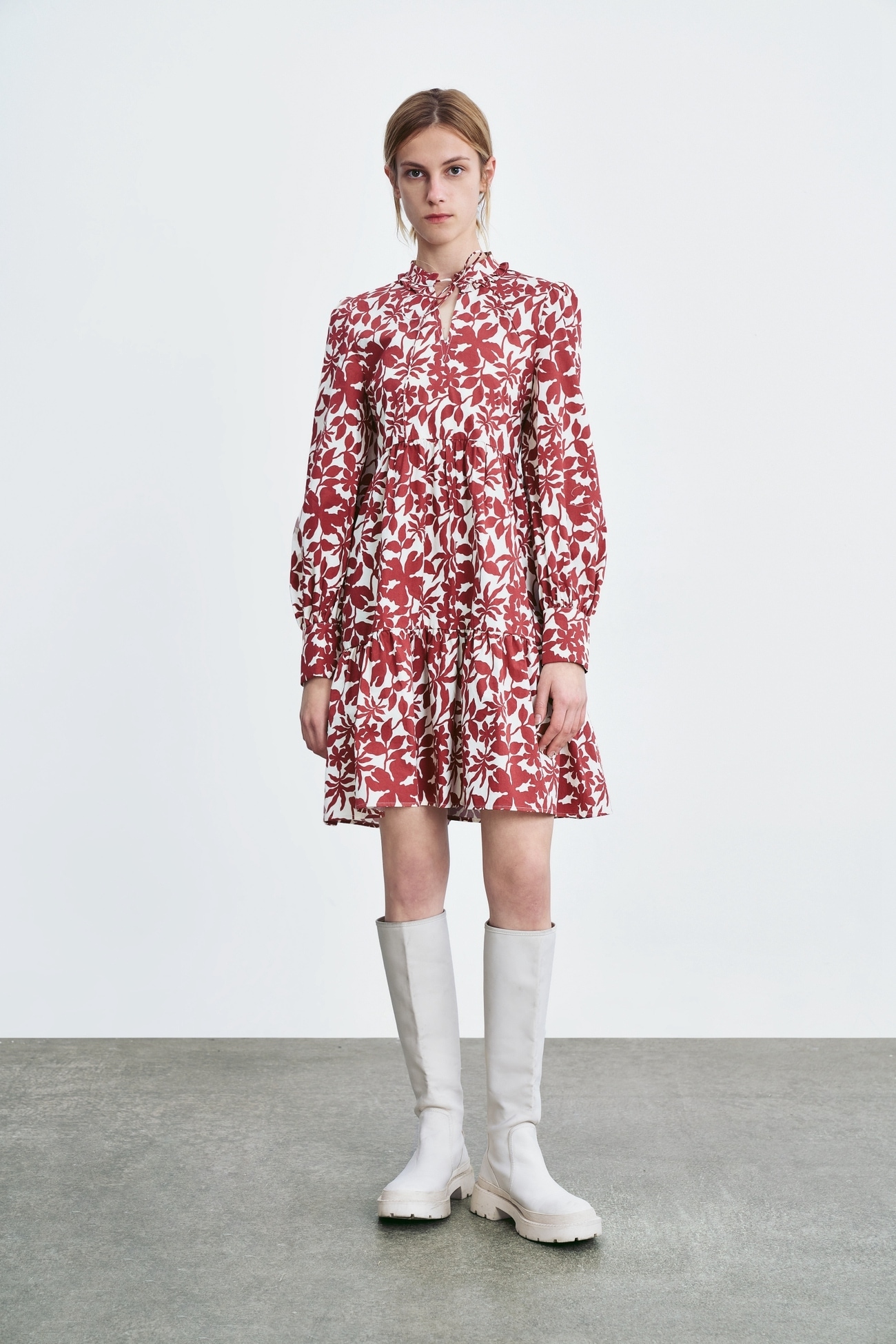 春 女性 レトロ 花 ドレス ミニ丈 華やか クール ワンピース ダークレッドプリント S M L ワンピース 膝上 袖あり 長袖 ハイネック かわいい 大人可愛い きれいめ シンプル カジュアル