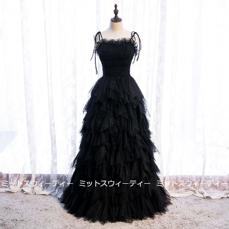 カラードレス カステラドレス 黒 ブラック 演奏会 コンサート ロングドレス 披露宴 パーティードレ