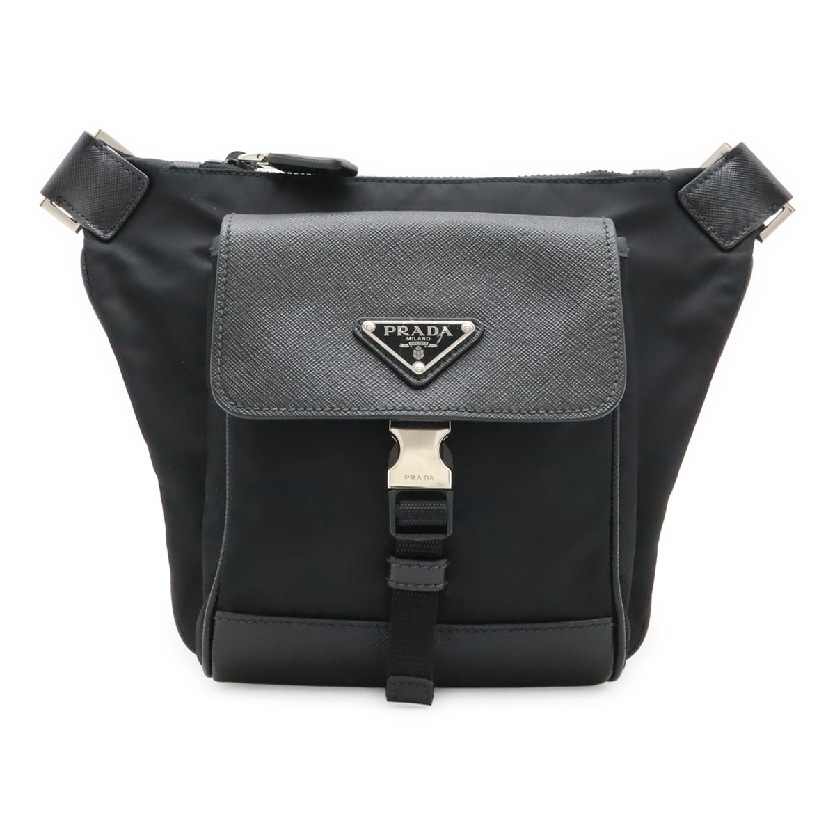 トライアングルロゴ ボディバッグ ウエストポーチ ヒップバッグ ナイロン レザー NERO 黒 ブラック シルバー金具 2VH16
