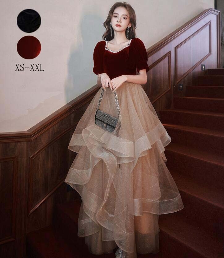 Aラインドレス 発表会 ステージ 衣装 セクシー 大人 ロングドレス 洋服 忘年会 花嫁の介添え人 高級感 ロング丈ワンピース 半袖 プリンセスライン お嬢様 パーティードレス 結婚式 演奏会ドレス