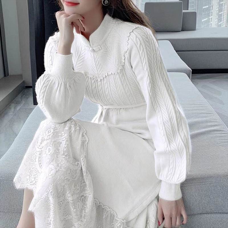 3色 ニットワンピース ドレス ロングワンピース レースワンピース ハイネック ハイウエスト Aライン かわいい 大人可愛い きれいめ 上品 おしゃれ お洒落 こなれ感 ラブリー キュート ガーリー