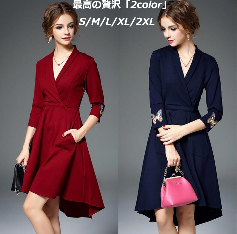 厳選素材2色 刺繍 Ｖネック ダブテール 欧米デザインドレス パーティードレス 7分袖 高級ワンピース セレブ ドレス タイト 洋服 スレンダーライン 演奏会ドレス レディース ワンピース 大人ドレス