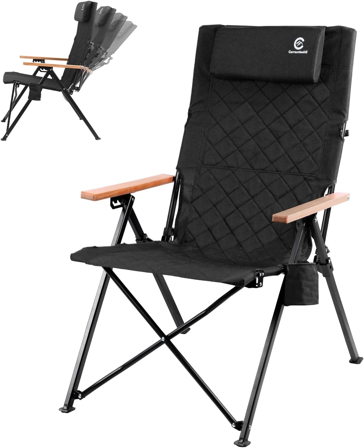 アウトドアキャンプリクライニングチェア ヘッドレストとカップホルダー付き4段階傾斜なハイバックチェア コンパクトに折りたたみ収納可能なアウトドアチェア 便利な収納バッグ付き (ブラック)