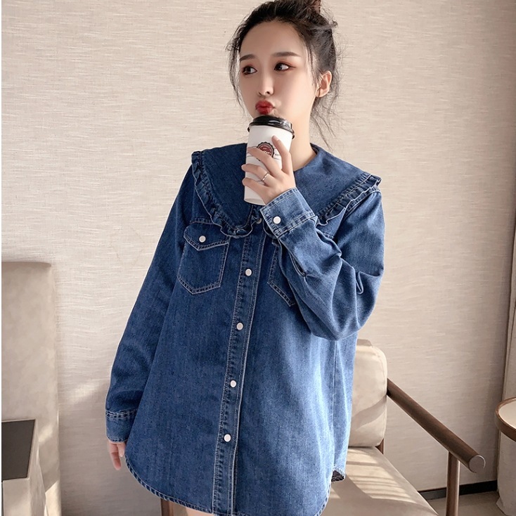 フリルデニムシャツ 長袖デニムシャツ オーバーサイズシャツ パフスリーブシャツ トップス アウター Tシャツ シャツ ブラウス 上着 袖あり 長袖 ボリューム袖 萌袖 Vネック 襟付き ワイド