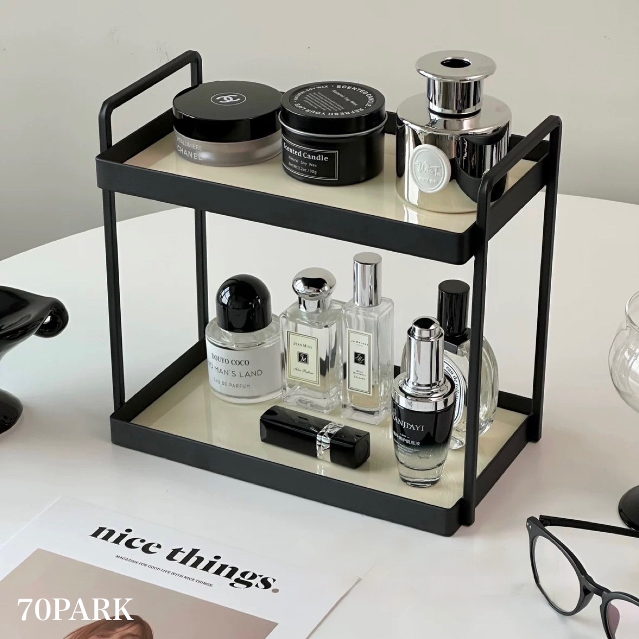 ブラックフレーム 二段 収納 ディスプレイ ラック 全2色 玄関 おしゃれ 韓国インテリア モノトーン 韓国雑貨 韓国っぽ インテリア雑貨 韓国 70PARK