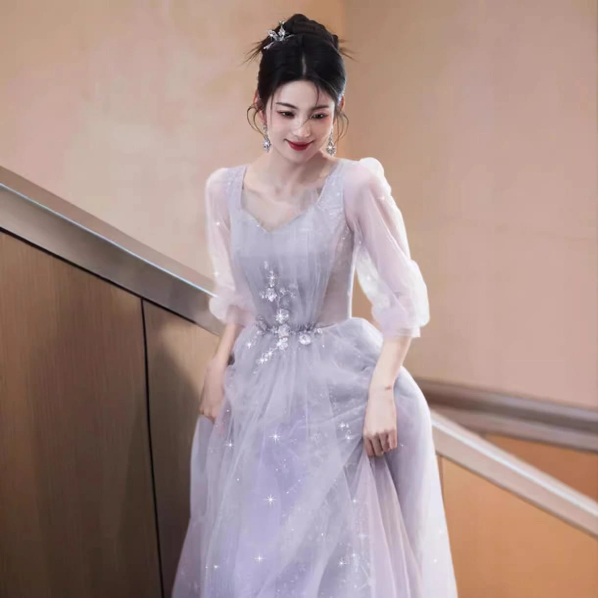 パーティードレス 演奏会用ドレス イブニングドレス Aライン ロングドレス ステージドレス 袖あり ピアノ 二次会 発表会 同窓会 可愛い 個性的 体型カバー 卒業式 イブニングドレス キラキラ 舞台