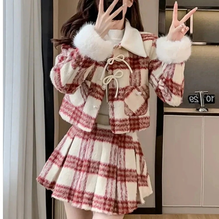 25大人気急速発送無料クリスマス毛ツイードコートハイウエスト半身スカートチェック柄ファッションスーツ