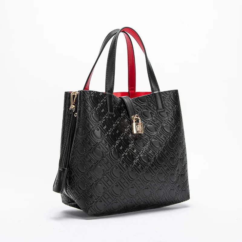 女性用レザーショルダーバッグ,大容量バッグ,カジュアル,エンボス文字,ファッションブランド,CH-PU