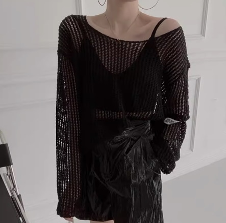 レディース トップス ニット プルオーバー 長袖 ラウンドネック フェミニン 透け感 シースルー かわいい 大人可愛い きれいめ シンプル カジュアル 上品 おしゃれ かっこいい レトロ エキゾチック