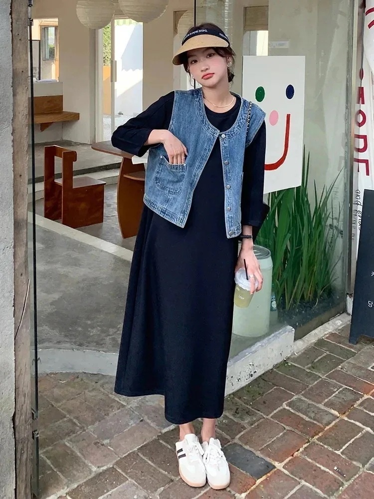 2点 デニムベスト+ワンピース レディース 長袖 tシャツ 大きいサイズ セミロングワンピース コート ベスト
