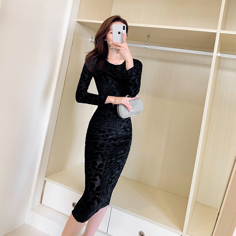 ワンピース ミモレ ロング タイト 長袖 ラウンドネック 細身 ストレート ベロア スリット かわいい 大人可愛い おしゃれ シンプル 花柄 秋 冬 パーティ デート お出かけ S XL
